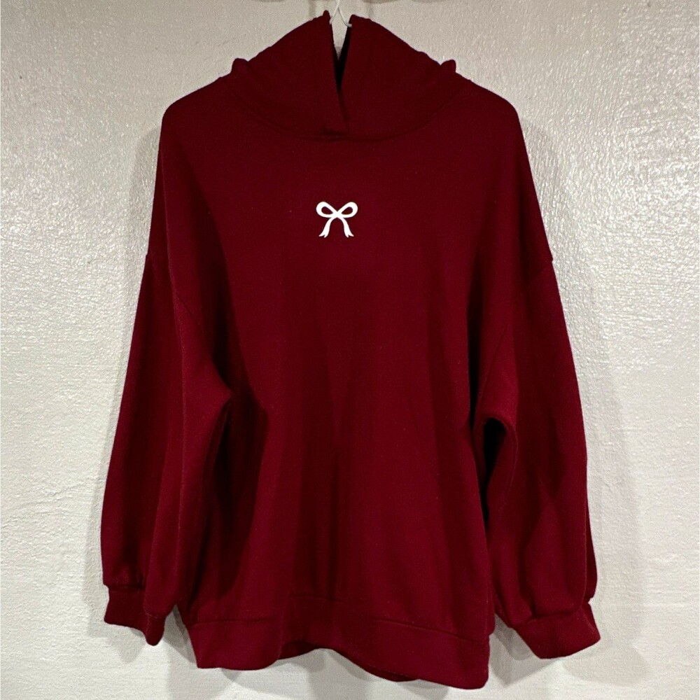 Dazy Women's Burgundy Bow Logo Fleece Pullover Hoodie Long Sleeve Sz M OVERSIZED